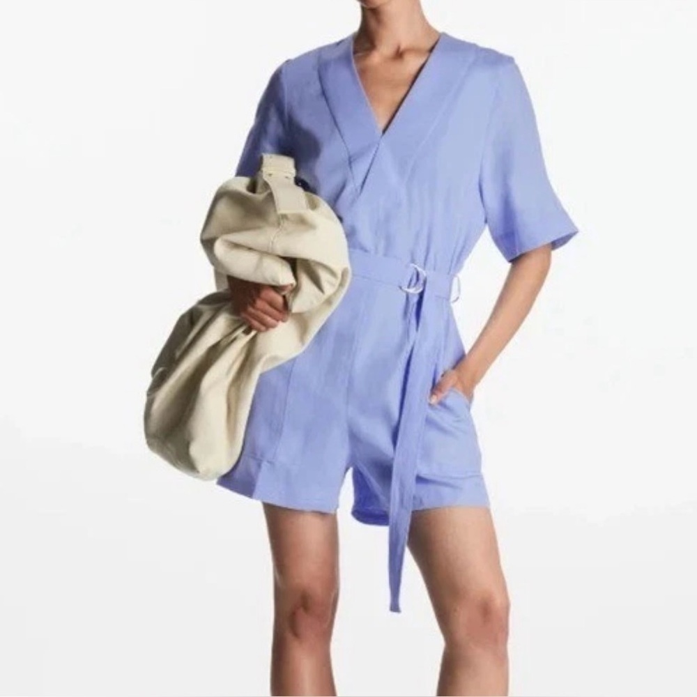 COS Blue V-Neck Belted Playsuit Romper  - Size 6
